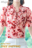 Weiyinxing Summer Women Tops Short Sleeve Print Chiffon Blouse Shirt Blusas Mujer De Moda 2023 Verano Ruffles V-Neck Blouse Women G580