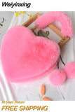 Weiyinxing Faux Fur Heart-shaped Women Small Handbags Fluffy Plush Ladies Chain Shoulder Bag Fashion Female Furry Daily Clutch Purse