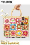 Weiyinxing Granny Square Staw Handbags Casual Paper Woven Bamboo Handle Women Hand Bags Handmade Summe Beach Bag Large Tote Purse
