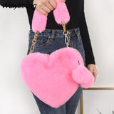 Weiyinxing Faux Fur Heart-shaped Women Small Handbags Fluffy Plush Ladies Chain Shoulder Bag Fashion Female Furry Daily Clutch Purse