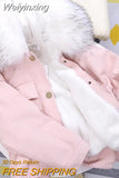 Weiyinxing Women Short Denim Fur Hooded Coat Solid Single Breasted Korean Warm Pockets Womens Trendy streetwear Cashmere Coat