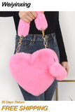 Weiyinxing Fur Winter Women Handbags Cute Plush Ladies Heart Shaped Shoulder Bag Cute Female Clutch Purse Love Handbags Messenger Bag