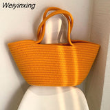 Weiyinxing Straw Bag for Women 2023 Trend Cotton Rope Designer Purses and Handbags Girls Casual Open Weave Beach Carrycot Totes Bags