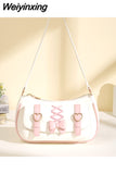 Weiyinxing Lolita Shoulder Bags for Women Cute Bow Jk Sweet and Kawaii Lipstick Purses and Handbags All-match Leather Underarm Bag Sac