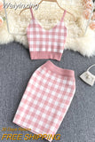 Weiyinxing Plaid Knitted Two Piece Set 2023 Women Sexy Short Vest & Bodycon Mini Skirt Set Women Outfits