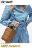 weiyinxing Rattan Women Shoulder Bags Designer Bamboo Handle Wicker Woven Handbags Casual Summer Beach Straw Bag Small Bucket Purse