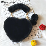 Weiyinxing Faux Fur Heart-shaped Women Small Handbags Fluffy Plush Ladies Chain Shoulder Bag Fashion Female Furry Daily Clutch Purse