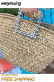 weiyinxing Diamonds Handle Rattan Handbags Wicker Woven Big Women Basket Bag Casual Summer Beach Straw Bags Large Bali Tote Purses