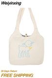 Weiyinxing Women Lamb Like Fabric Shoulder Bag Simple Canvas Handbag Tote Large Capacity Embroidery Shopping Bag Cute Book Bags For Girls