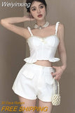 Weiyinxing Small Fragrant Two Piece Set Women Pearl Beading Sexy Sling Crop Top + High Waist Short Sets Summer 2 Piece Pant Sets