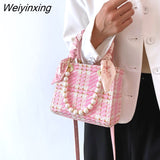 Weiyinxing Purse Messenger Bag Simple Women Totes Ribbon Handbag Pearl Ladies Shoulder Bag Vintage Crossbody Bag for Women 2023