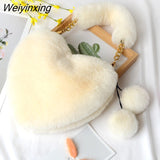 Weiyinxing Faux Fur Heart-shaped Women Small Handbags Fluffy Plush Ladies Chain Shoulder Bag Fashion Female Furry Daily Clutch Purse