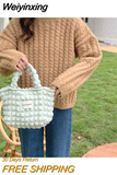 Weiyinxing Ladies New Style Korean Version Soft Grid Stipe Handbag for Women Cute Cloud Puffs Pattern Carrying Bags Lunch Bag