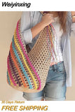 Weiyinxing Colorful Striped Straw Women Shoulder Bags Hollow Large Tote Bag Handmade Summer Beach Bag Big Bali Handabgs 2023 Holiday