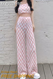 Weiyinxing New Summer Fashion Casual Plaid 2 Piece Set Women Strapless Crop Top + Wide Leg Pants Suits Female Sexy Outfits For Woman