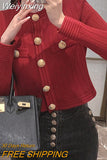 Weiyinxing Cardigans Women Vintage Golden Buttons Short Cropped Sweater Korean Slim Fit Elegant Office Lady Autumn Knitwear N917