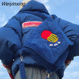 Weiyinxing Winter California Vintage Plush Embroidery Lamb Fleece Cotton Inner Core Backpack Crossbody Bag Tote Bag Shoulder Bags