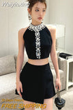 Weiyinxing Street French Luxury Diamonds Beading Fashion Two Piece Set For Women Hotsweet Crop Top + Irregular Skirt 2 Piece Suits