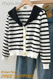 Weiyinxing Sailor Collar College Knit Cardigan Women's Autumn New Preppy Style Vintage Stripe Long Sleeved Short Sweater Coat T326