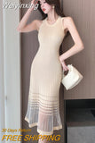 Weiyinxing Elegant Woman Knitted Sundress Thin New Patchwork Mesh Fairy Sleeveless Robe Dress Sexy Slim Elastic Ladies Clothes P503