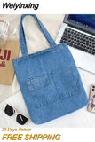 Weiyinxing Large Capacity Women Shoulder Bags Wild Casual Handbag Street Canvas Denim Shoulder Bag Solid Color Zipper Shopping Bag