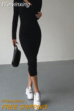 Weiyinxing Turtleneck Knitted Dress Black Slim Women Minimalist Elegant Long Sleeve Midi Dress Party Office Bodycon Vestidos O146