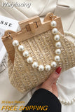 Weiyinxing Weave Straw Shoulder Bag for Women 2023 Summer Wooden Top Handle Clip Bag Luxury Designer Handbags Trend Female Handbag