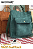 Weiyinxing Corduroy Shoulder Bag Women Vintage Shopping Bags Zipper Girls Student Bookbag Handbags Casual Tote With Outside Pocket