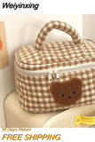 Weiyinxing Cute Bear Makeup Bag Large Capacity Portable Cosmetic Bags Zipper Pure Cotton Plaid Brushes Pouch Case For Women