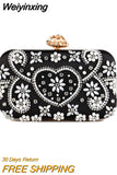 Weiyinxing Vintage Women Evening Bags Metal Flower Luxury Diamonds Clutch Black Color Rhinestones Chain Shoulder Handbags Night Bag
