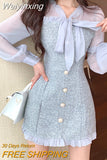 Weiyinxing Spring Vintage Sexy See-through Chiffon Patchwork Tweed Mini Dress Women Ribbon Bow Single-breasted Long Sleeve Party Dress