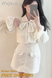 Weiyinxing Fall Korean Sweet 2 Piece Set Women Bow Tie Patchwork Shirt Crop Top + High Waist Skirt Suits Small Fragrance Two Piece Sets