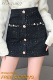 Weiyinxing Tweed Skirts Women Elegant Mini Skirt Harajuku Slim Office Lady Pockets Golden Buttons Pencil Skirt Autumn Winter O360