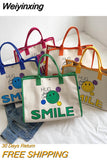 Weiyinxing Canvas Women Cute Smile Handbag Large Capacity Handle Bag Shopping Tote Bag Fashion Simple Shoulder Bag Environmental