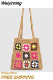 Weiyinxing Crochet Women Shoulder Bags Granny Square Tote Bag Casual Knitted Handbags Handmade Woven Summer Beach Bag Small Purse