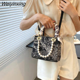 Weiyinxing Purse Messenger Bag Simple Women Totes Ribbon Handbag Pearl Ladies Shoulder Bag Vintage Crossbody Bag for Women 2023