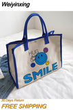 Weiyinxing Canvas Women Cute Smile Handbag Large Capacity Handle Bag Shopping Tote Bag Fashion Simple Shoulder Bag Environmental