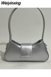 Weiyinxing Silver Shoulder Bag for Women Plain Simple Solid Color Purses and Handbag Luxury Designer Hong Kong Style Crossbody Bags