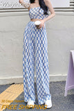 Weiyinxing New Summer Fashion Casual Plaid 2 Piece Set Women Strapless Crop Top + Wide Leg Pants Suits Female Sexy Outfits For Woman