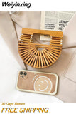Weiyinxing New Half Moon Wooden Shoulder Crossbody Bags for Women Bamboo Woven Summer Beach Straw Bag Rattan Small Phone Purse