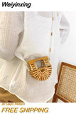 Weiyinxing New Half Moon Wooden Shoulder Crossbody Bags for Women Bamboo Woven Summer Beach Straw Bag Rattan Small Phone Purse