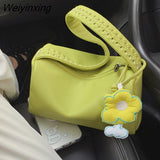 Weiyinxing Female Simple Boston Bag Ladies Fashion Niche Pillow Bag Women’s Split Leather Square Shoulder Underarm Bag Mini Handbag