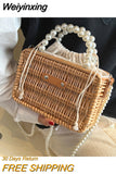 Weiyinxing Women Pearl Chain Beach Bag Luxury Designer Woven Straw Totes Small Square Crossbody Bags Fashion Handmade Rattan Purses