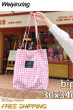 Weiyinxing Plaid Women Canvas Shopping Bags Female Thin Strap Cloth Handbags Student Girls Travel Casual Tote Large Shoulder Bag
