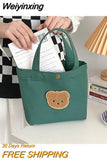 Weiyinxing Color Women Canvas Clutch Purse Handbags Cute Embroidered Bear Ladies Lunch Bento Bags Female Shopper Small Shoulder Bag