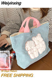 Weiyinxing Plush Bear Embroidery Women Hand Carry Handbags Retro Corduroy Female Small Tote Shoulder Bag Student Girls Lunch Bento Bag
