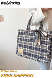 weiyinxing Canvas Plaid Totes Bag Female Pearl Chain Shoulder Crossbody Bag Ladies Blue Large Capacity Handbags Retro Commuter Bags