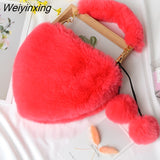 Weiyinxing Faux Fur Heart-shaped Women Small Handbags Fluffy Plush Ladies Chain Shoulder Bag Fashion Female Furry Daily Clutch Purse