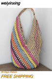 weiyinxing Colorful Striped Straw Women Shoulder Bags Hollow Large Tote Bag Handmade Summer Beach Bag Big Bali Handabgs 2023 Holiday