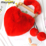 Weiyinxing Faux Fur Heart-shaped Women Small Handbags Fluffy Plush Ladies Chain Shoulder Bag Fashion Female Furry Daily Clutch Purse